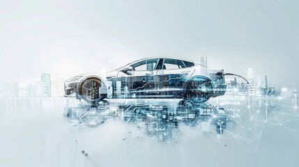 Wall Mural - A car is shown in a futuristic cityscape with a city skyline in the background. The car is surrounded by a network of wires and circuits, giving it a futuristic and technological appearance