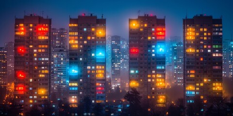 Wall Mural - Brightly colored city buildings with lights on. 