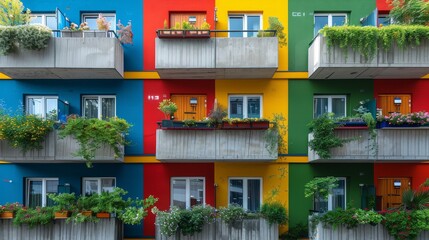 Wall Mural - Brightly colored city buildings with lights on. 