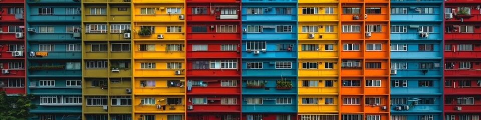 Wall Mural - Brightly colored city buildings with lights on. 