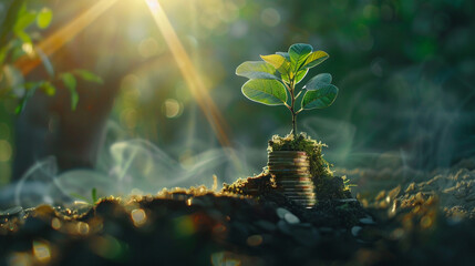 Wall Mural - ee growing on coins stack for saving money concept. Tree growing on coins stack with sun ray for saving money concept