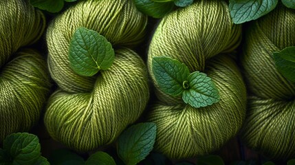 Macro shot of lots of beautiful green yarn arranged together.