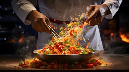 Wall Mural - The dance of a chef's hands as they expertly sauté ingredients in a sizzling pan