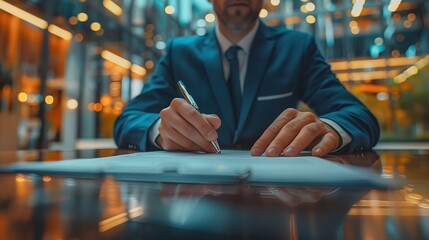 A real estate agent in a blue suit is signing a house contract. A photograph of a home icon with a hand holding a pen on top. highlighting houses or buildings, emphasizing realism and detail.