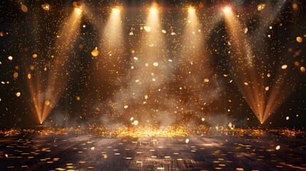 Wall Mural - A stage with spotlights and golden confetti falling, perfect for festive events or award gatherings.