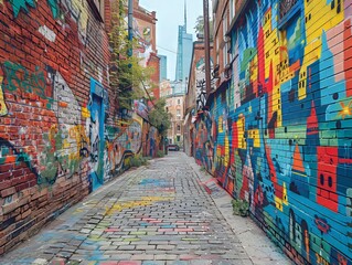 Wall Mural - An old brick wall in a city covered with layers of graffiti and street art. 