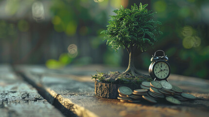 Wall Mural - Tree growing on coins stack with retro alarm clock on wooden table for saving money concept