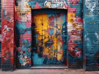 Wall Mural - An old brick wall in a city covered with layers of graffiti and street art. 