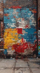 Wall Mural - An old brick wall in a city covered with layers of graffiti and street art. 