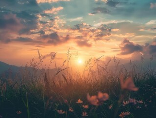 Wall Mural - Fiery Sunset Over a Tranquil Valley