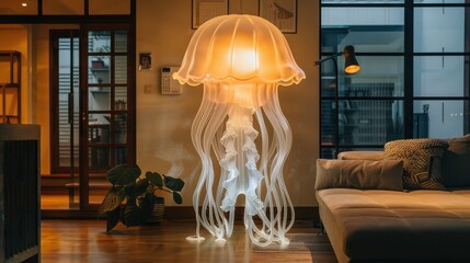 Wall Mural - A large, white, jellyfish lamp is lit up in a living room