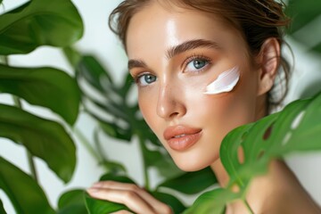 Wall Mural - Beautiful women apply face cream on a white background, in a soft light, green leaves in the foreground. Skincare concept, beauty concept