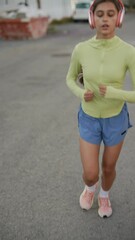 Wall Mural - A woman jogs outdoors with headphones on a sunny day, focusing on exercise in a residential area