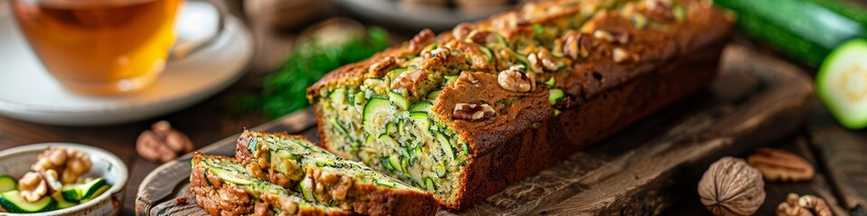 Wall Mural - Freshly made zucchini bread cooling on a kitchen counter ready to be enjoyed with a cup of tea. 