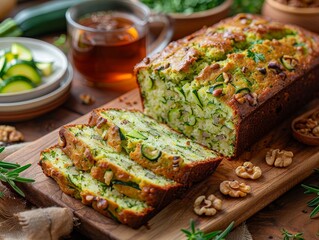 Wall Mural - Freshly made zucchini bread cooling on a kitchen counter ready to be enjoyed with a cup of tea. 