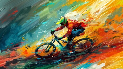 Wall Mural - Digital art of young cyclist, bright colors, intense movement, lively background, contemporary illustration painting