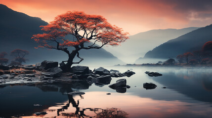 Canvas Print - Landscape night, a tree near the river. fogy environment, minimalist