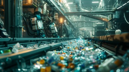 Poster - A futuristic depiction of a fully automated recycling plant, where robots seamlessly collaborate with advanced technologies to maximize efficiency and minimize waste.