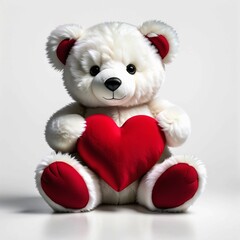 A teddy bear is holding a red heart