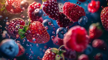 A medley of berries, including blueberries, raspberries, and strawberries, swirling and twirling in a mesmerizing slow-motion dance.