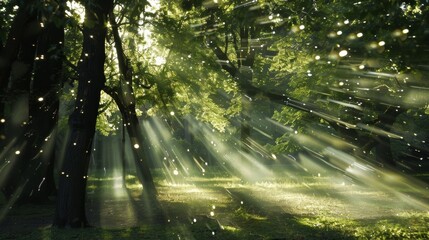 Wall Mural - a peaceful forest clearing with beams of sunlight filtering through the tree canopy and gravity wave