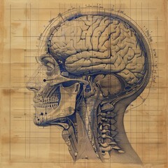 Wall Mural - Sketch of the brain inside the head, AI generated Image