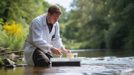 Wall Mural - A man, wearing a lab coat, collects water from a river, amidst a beautiful natural landscape with happy people, trees, grass, and a serene lake. AIG41