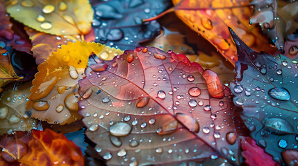 Raindrops fall on colorful autumn leaves