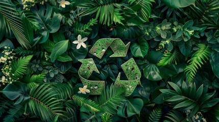 Poster - A photo of the recycling symbol surrounded by lush green plants and flowers, symbolizing the interconnectedness of nature and sustainability.