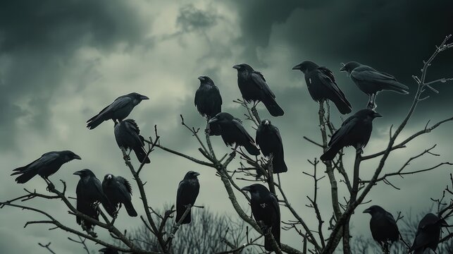 Ominous flock of black crows perched on leafless branches, against a backdrop of a dark, cloudy sky.