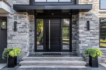 Wall Mural - Contemporary Matte Black Front Door with Vertical Metal Accents, Clear Glass Sidelites, and Grey Brick Facade, Bright Day