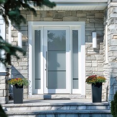 Wall Mural - Modern front entrance door with frosted glass panels and slim sidelites, framed by minimalist stone facade on a bright sunny day a?