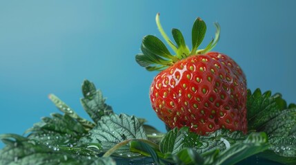 Poster - single strawberry, its skin glistening with morning dew, resting on a bed of fresh green leaves, set against a clean blue background.