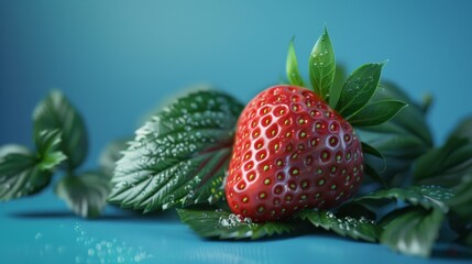 Poster - single strawberry, its skin glistening with morning dew, resting on a bed of fresh green leaves, set against a clean blue background.