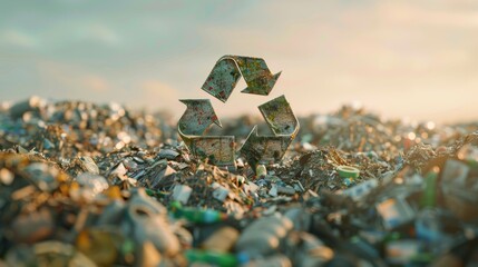Poster - A photorealistic image of the recycling symbol emerging from a pile of garbage, symbolizing the importance of recycling in reducing waste and promoting sustainability.