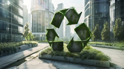 Poster - A photorealistic image of the recycling symbol integrated into a modern urban landscape, demonstrating the seamless integration of sustainable practices into everyday life.