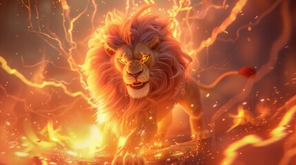 Wall Mural - Cartoon lion in a dynamic pose, surrounded by a bright, electrifying aura, highlighting its formidable power