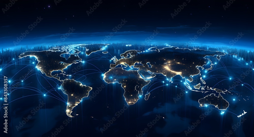 Digital map of the world with glowing blue data points and connections ...
