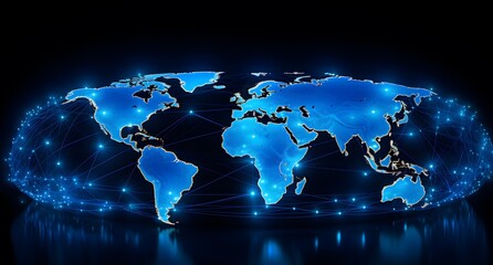 Digital map of the world with glowing blue data points and connections, representing global connectivity and online technology. The background is dark to highlight text in light colors on top 