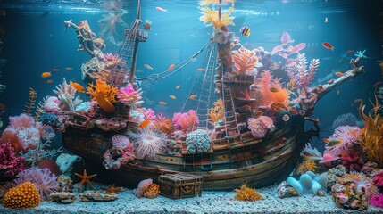 A colorful aquarium with a shipwreck and a variety of fish