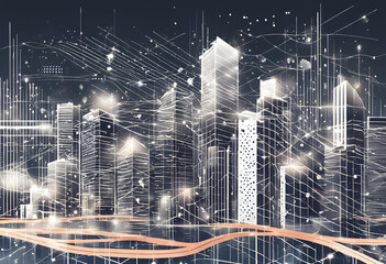 Wall Mural - Lines and abstract dots in smart city design, showcasing big data connection technology and modern AI buildings.