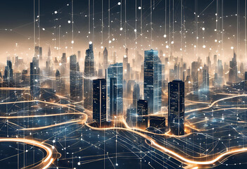 Wall Mural - Abstract representation of smart city design with lines and dots, symbolizing big data connection technology and AI modern buildings.