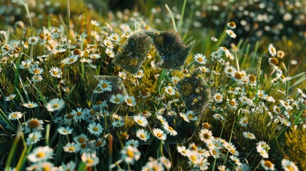 Poster - A serene photorealistic image of the recycling symbol nestled amidst a field of wildflowers, representing the delicate balance between resourcefulness and environmental preservation.