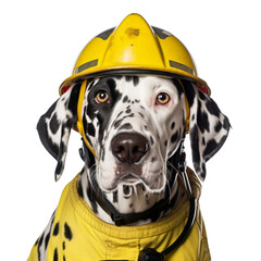 Wall Mural - Dalmatian dog wearing a firefighter helmet isolated on transparent or white background