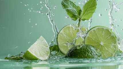 Poster - A still life arrangement featuring a fresh lime slice, a splash of lime juice, and mint leaves, all set against a soft, neutral background.