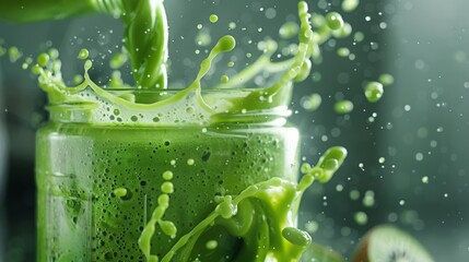 detox smoothie being blended in a glass jar, revealing the swirling motion of the ingredients as they combine.