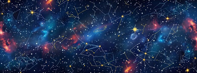 Wall Mural - Constellations and stars forming a celestial pattern. seamless illustration pattern.