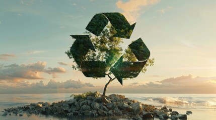 Poster - A surreal image of the recycling symbol transforming into a flourishing tree, symbolizing the transformative power of recycling in promoting environmental growth.
