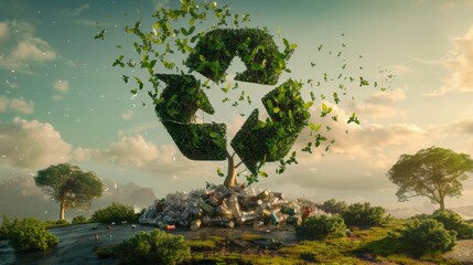 Poster - A surreal image of the recycling symbol transforming into a flourishing tree, symbolizing the transformative power of recycling in promoting environmental growth.