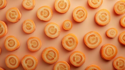 Poster - A symphony of sliced carrots, their shapes and forms arranged in a visually pleasing composition, set against a tranquil, natural background.